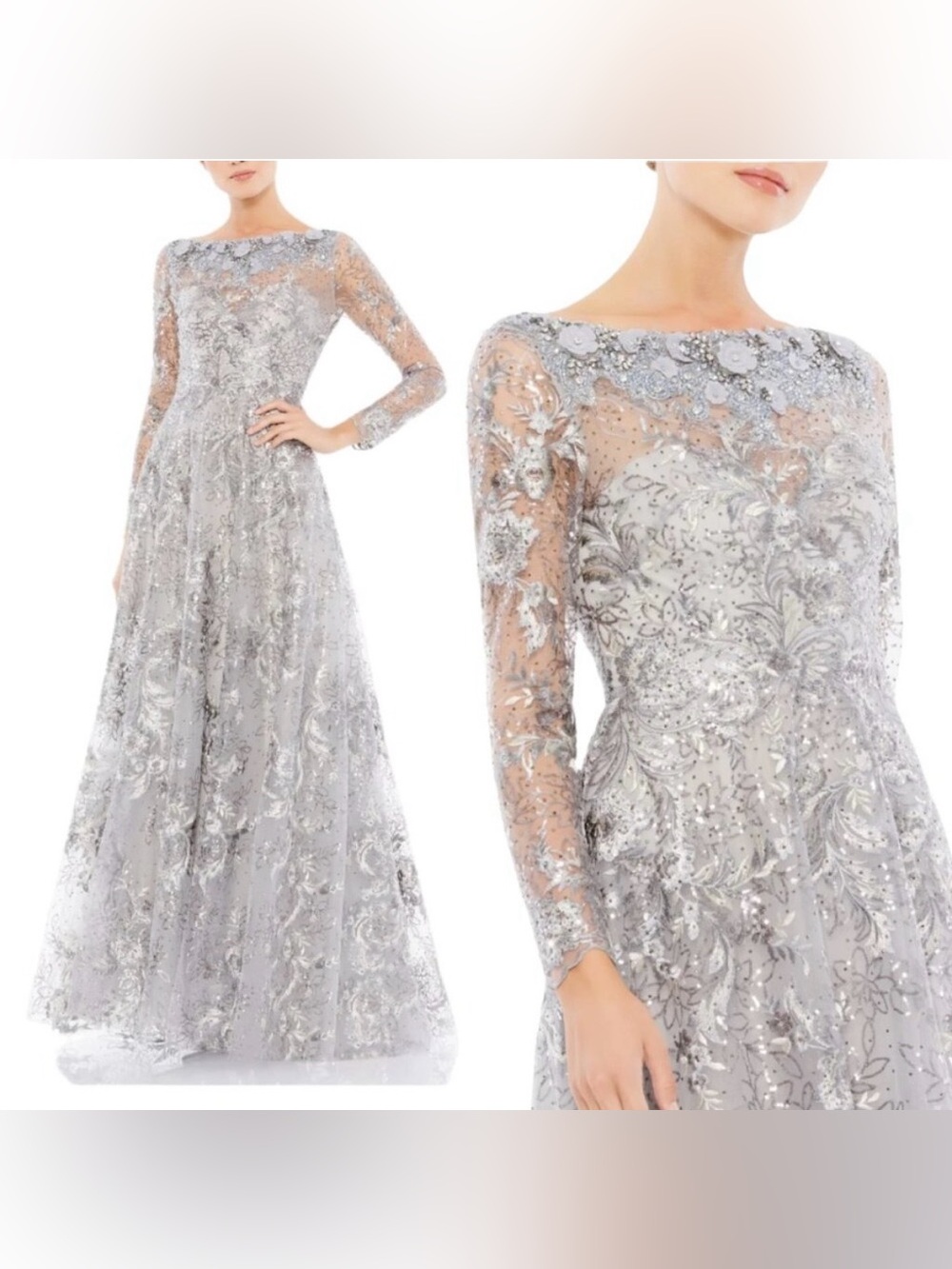 Mac Duggal Silver Embellished Illusion Neck Long Sleeve Gown 64798